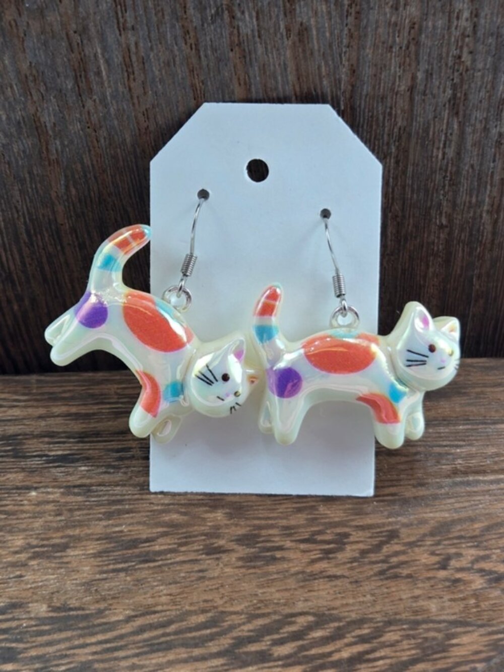 NWT Orange Purple Spotted Cat Earrings Pierced Blue Stripe Cat Lady Dangle Drop